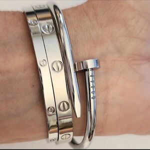 silver nail, love screw, and slim love screw  bracelet stack. 3 bracelets total